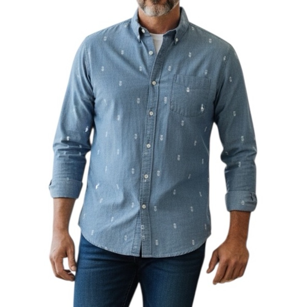 Bluenotes Blue Shambray Pineapple Print Long Sleeve Cotton Shirt Size XL